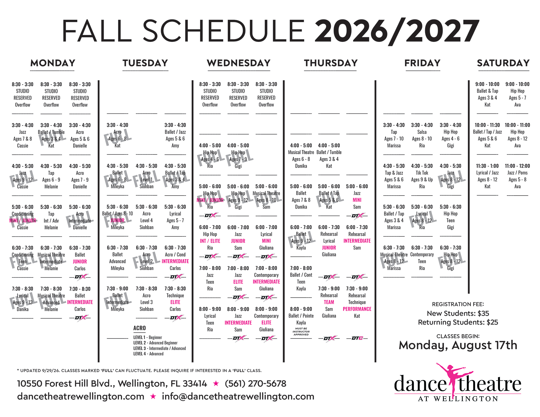Dance Theatre at Wellington 2026 Fall Schedule